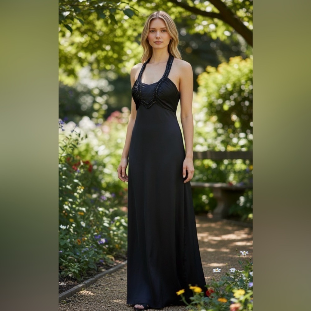 ANTONIO MELANI Black Sheath Maxi Dress Sweetheart Neckline 100% Silk Size 12